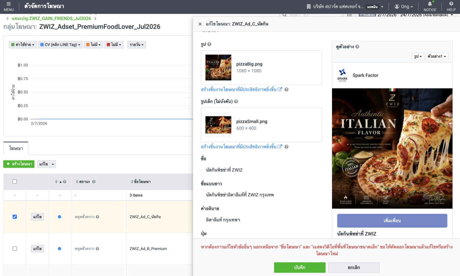 หน้าจอ LINE Ads Manager แสดงผลลัพธ์จริงของ Ad Set และ Ad ที่ AI สร้างให้ พร้อมตัวอย่างโฆษณา